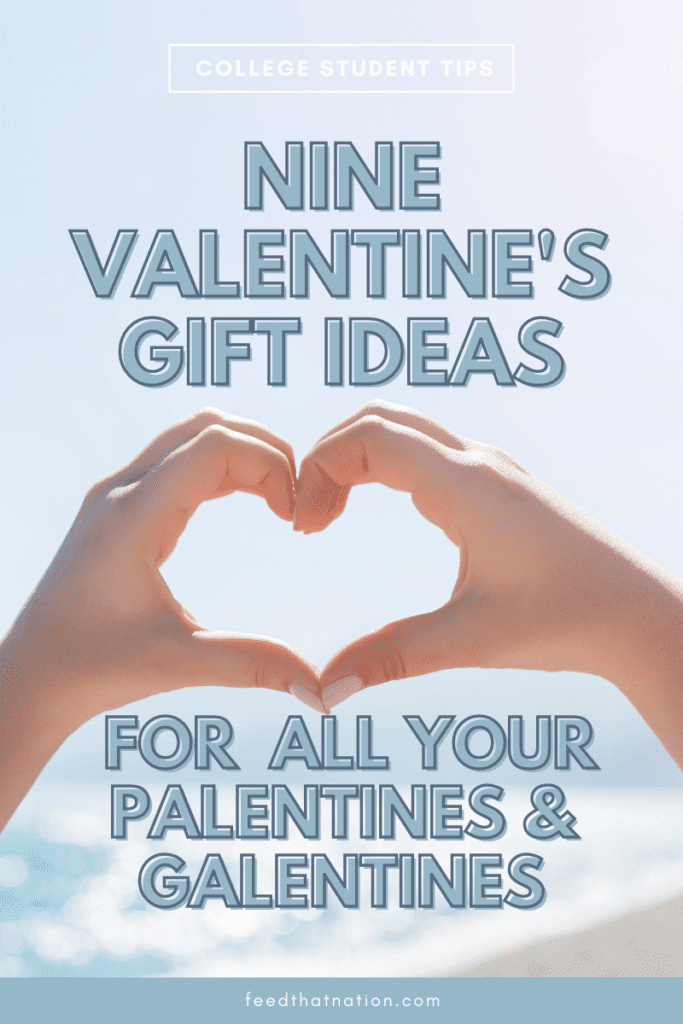 A photo of two hands making a heart against a blue sky and ocean background. Blue text is overlaid, reading "college student tips: Nine valentine's gift ideas for all of your college palentines & galentines. feedthatnation.com"